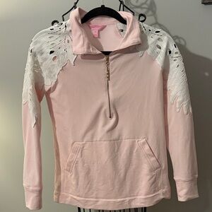 Lilly Pulitzer Pink & White skipper popover 1/4 zip Sweatshirt size XS lace
